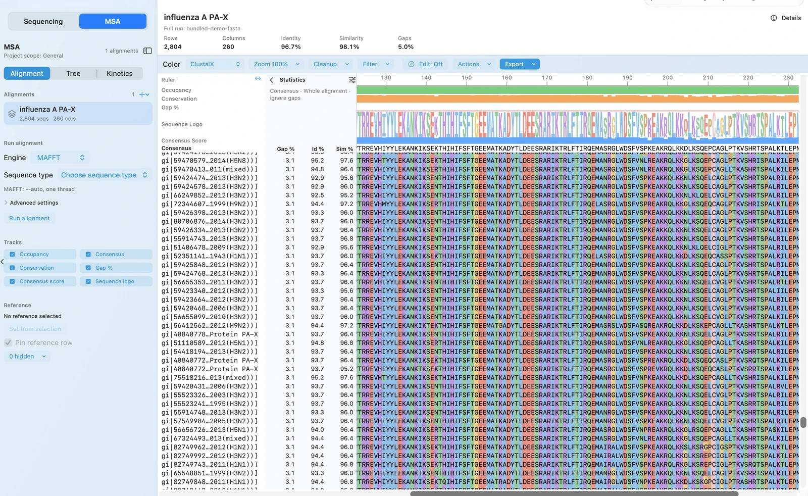 AlignCove multiple sequence alignment workspace with controls and alignment