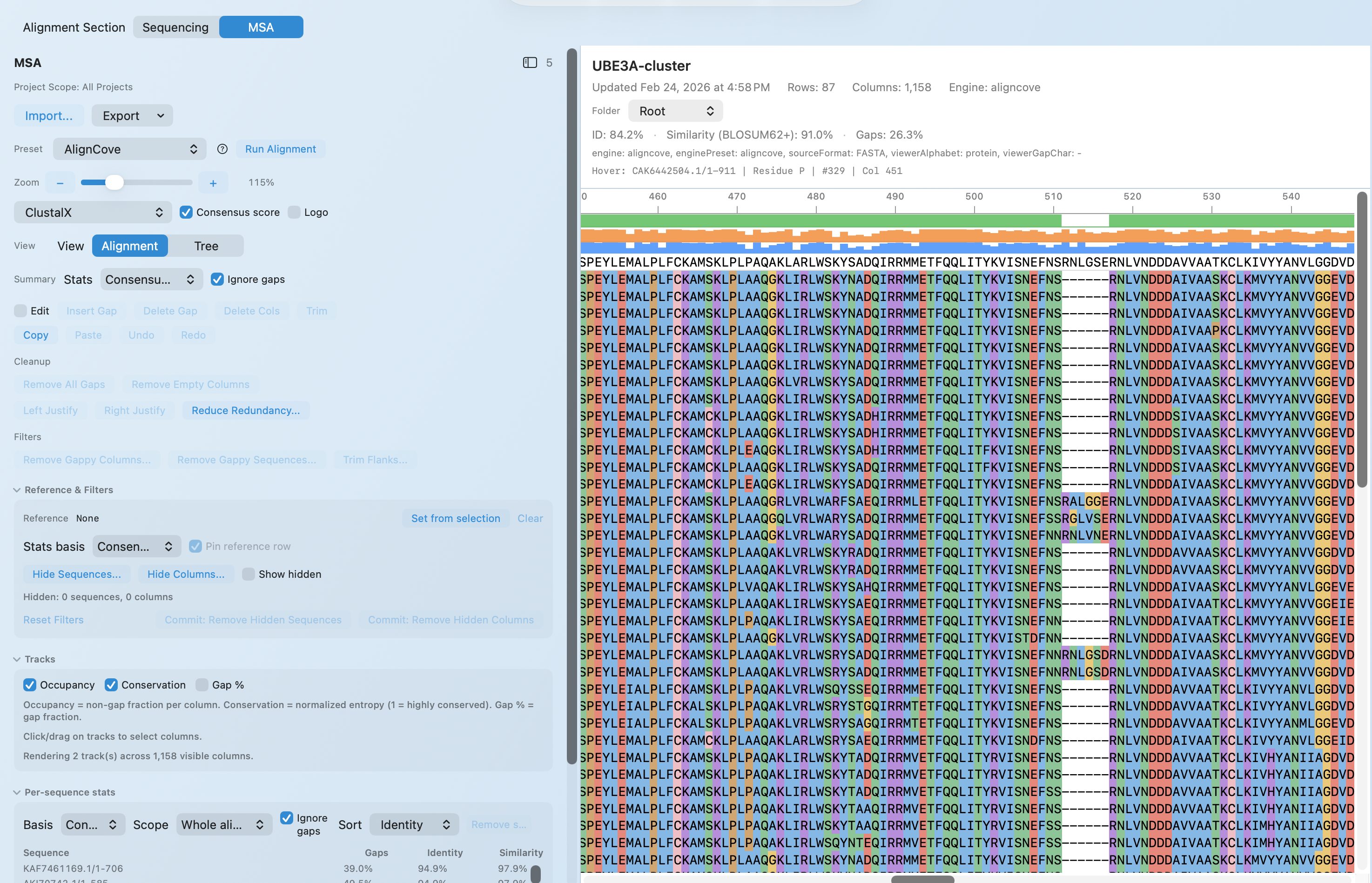AlignCove preset selection and run controls in MolBioCove