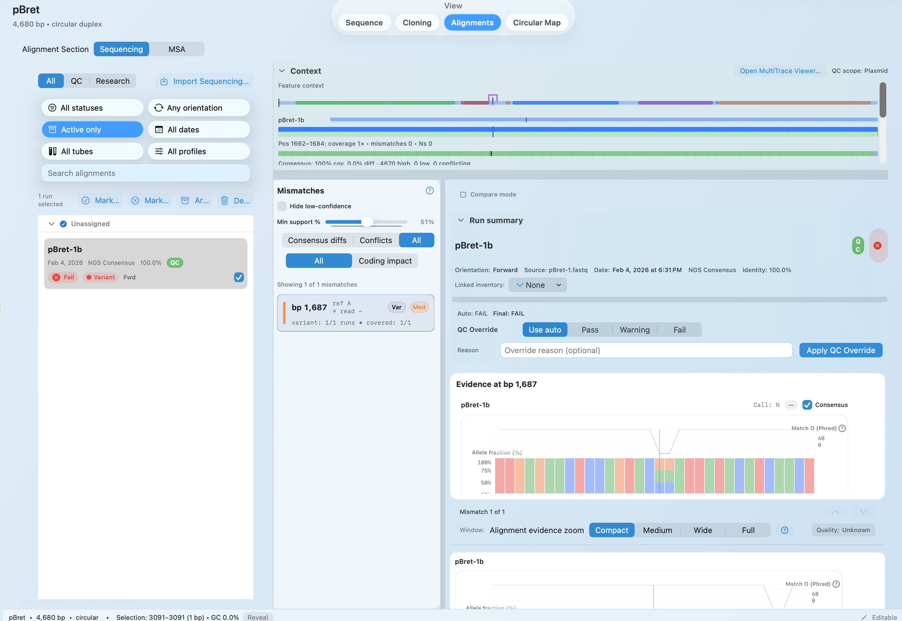 MolBioCove FASTQ/consensus alignment view with base-level evidence tracks