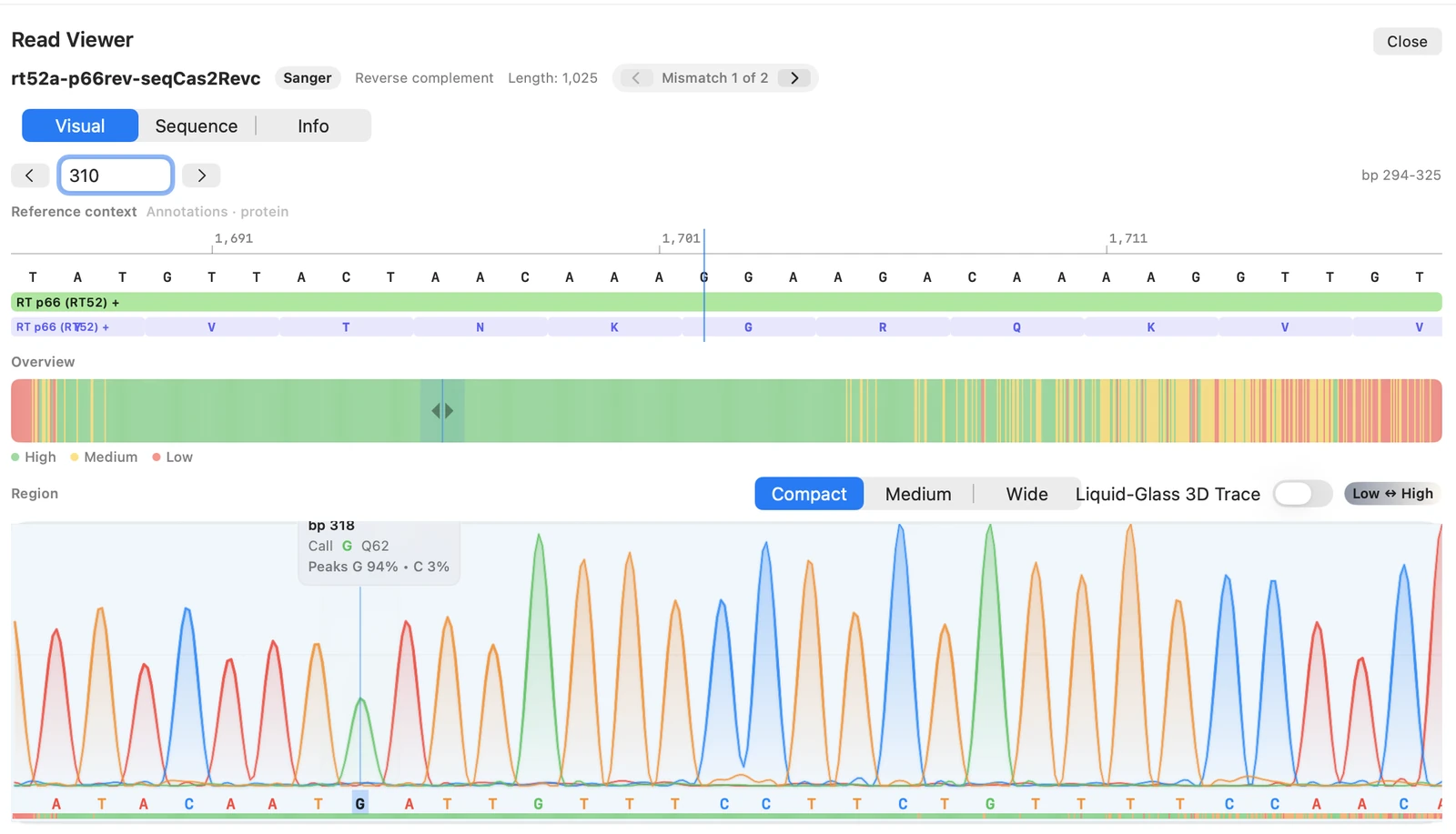 Read Viewer showing base calls, quality scores, and a Sanger chromatogram