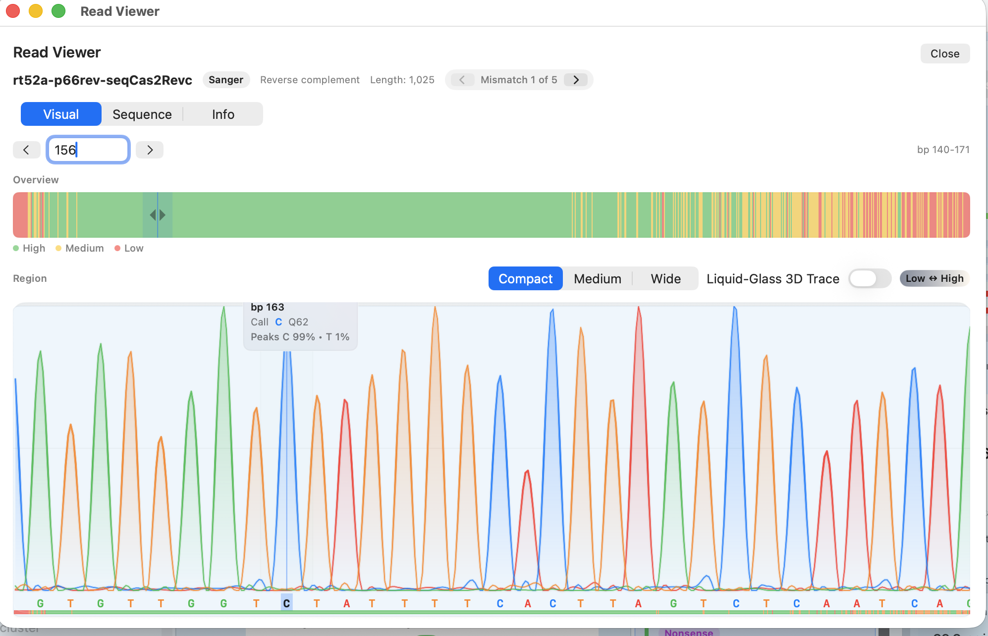 MolBioCove individual sequencing read viewer with chromatogram evidence