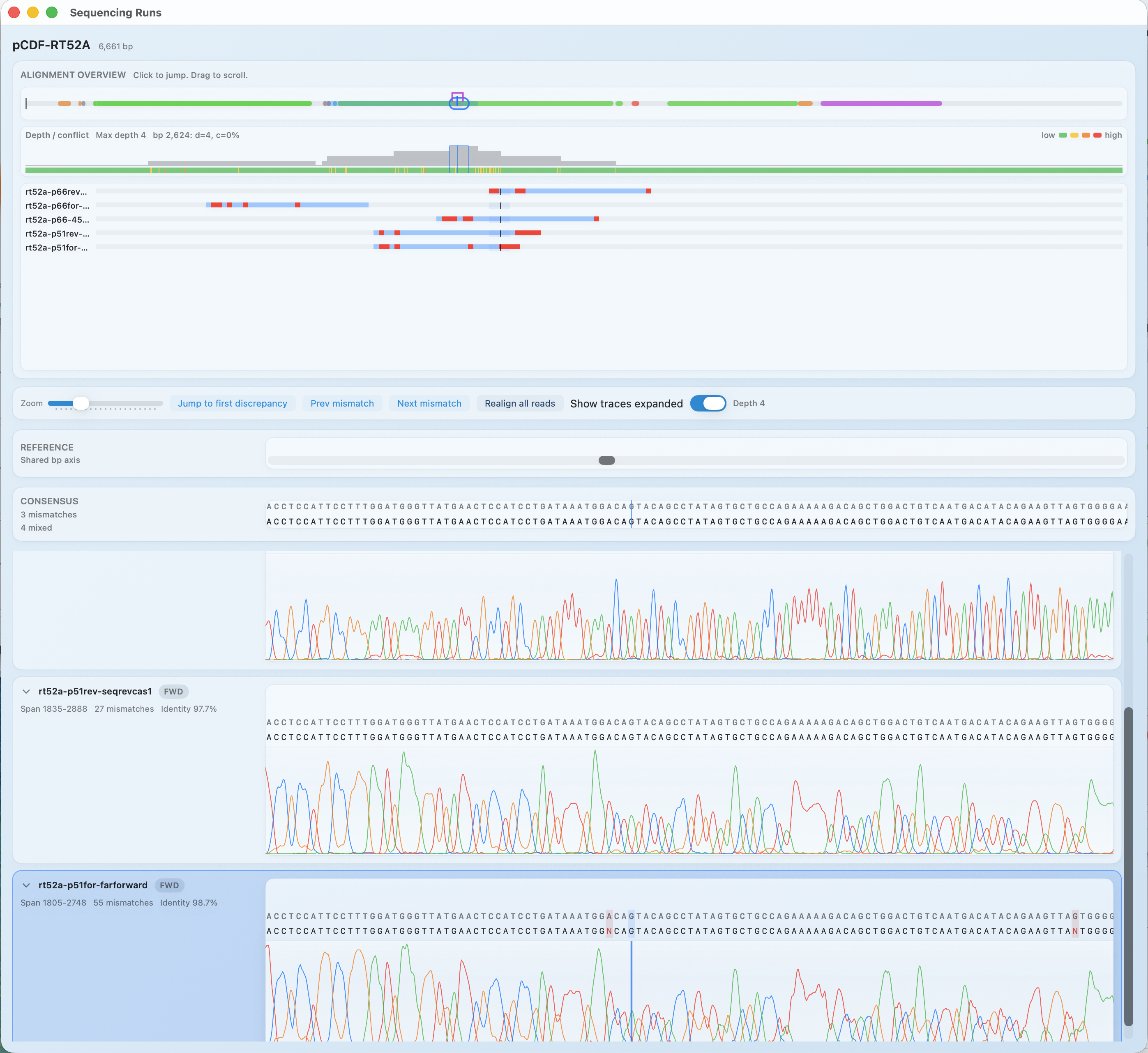 MolBioCove multi-run sequencing viewer with conflict and coverage overview
