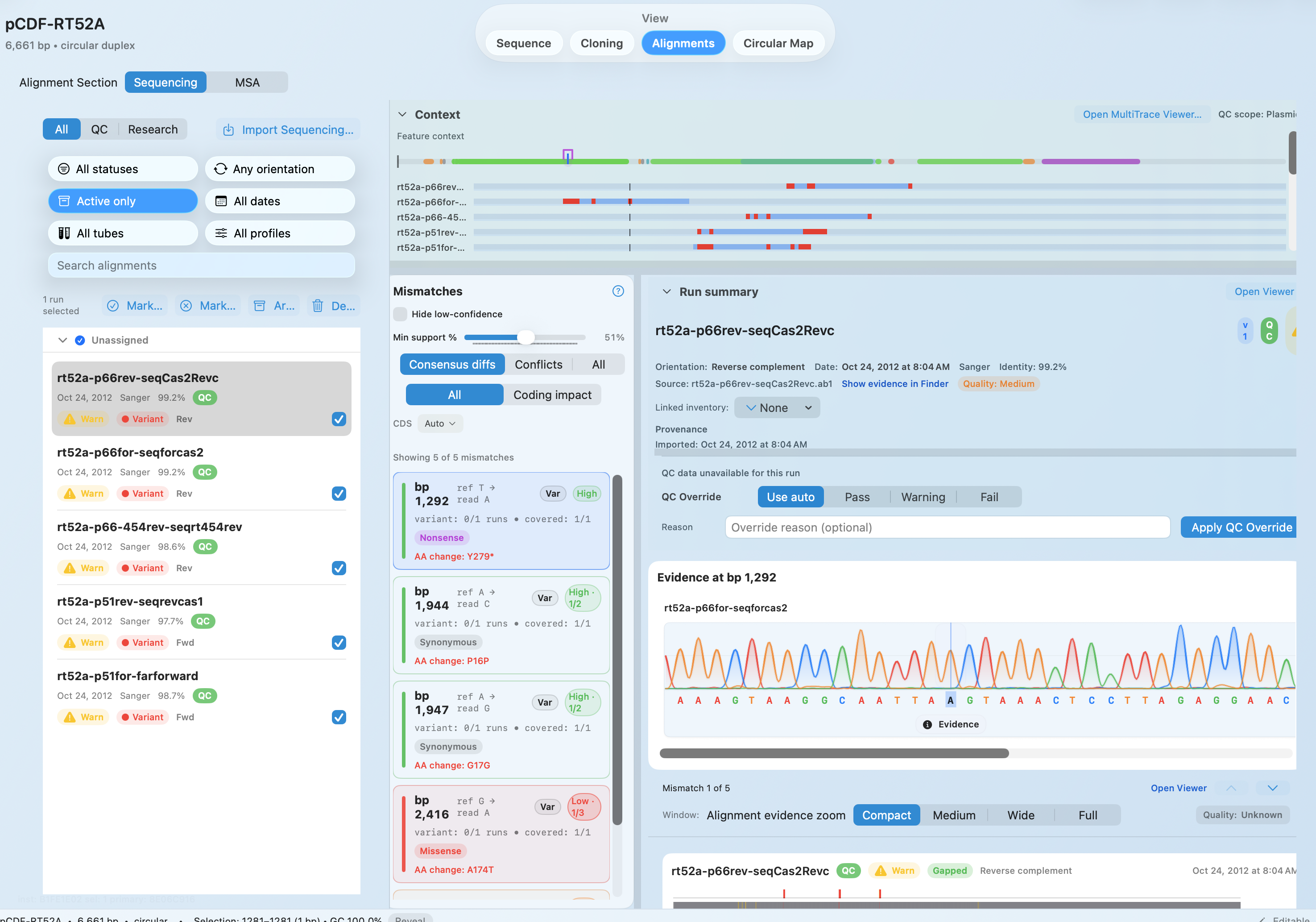 MolBioCove Sanger alignment with automatic mismatch detection and coding impact