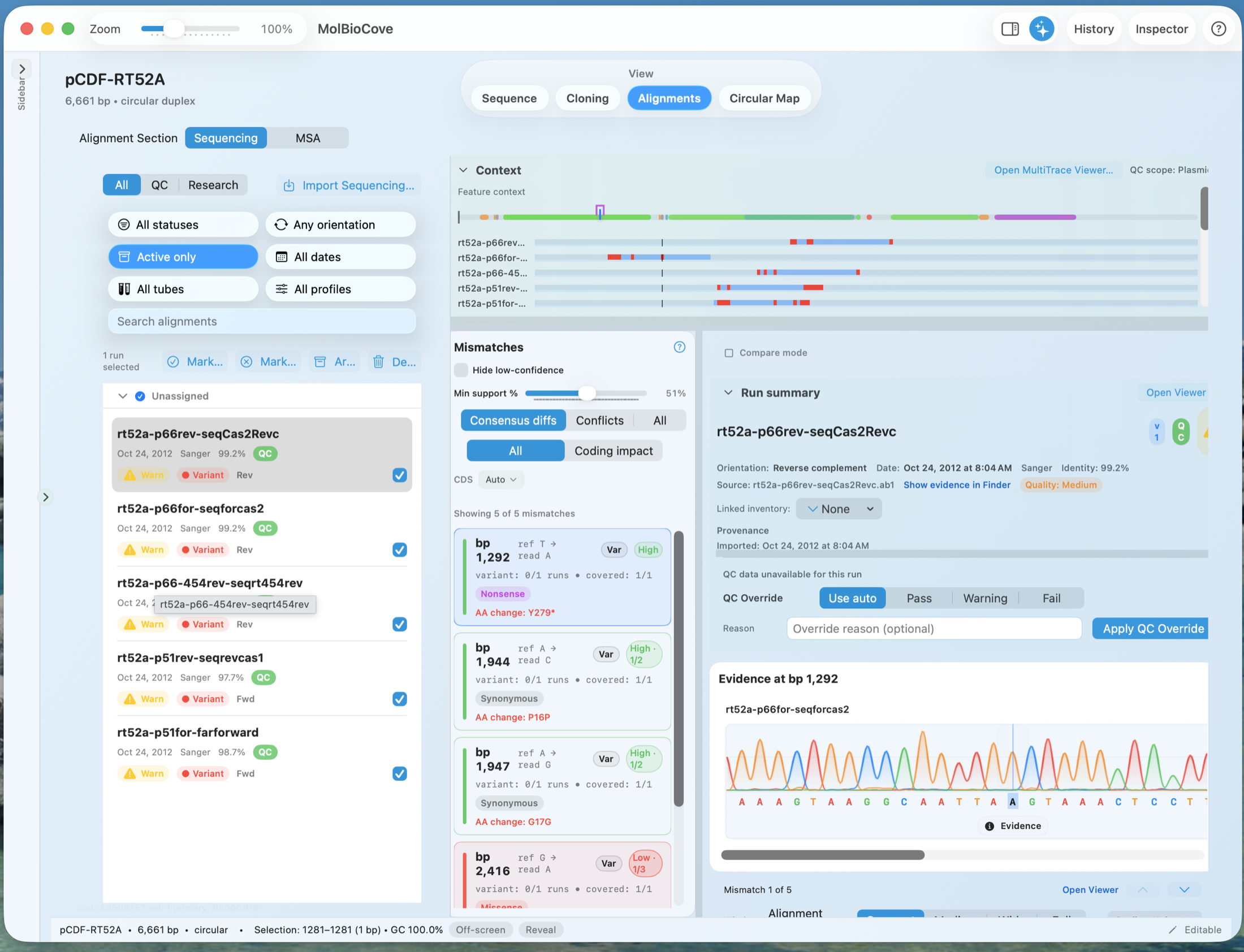 MolBioCove alignments and QC screenshot