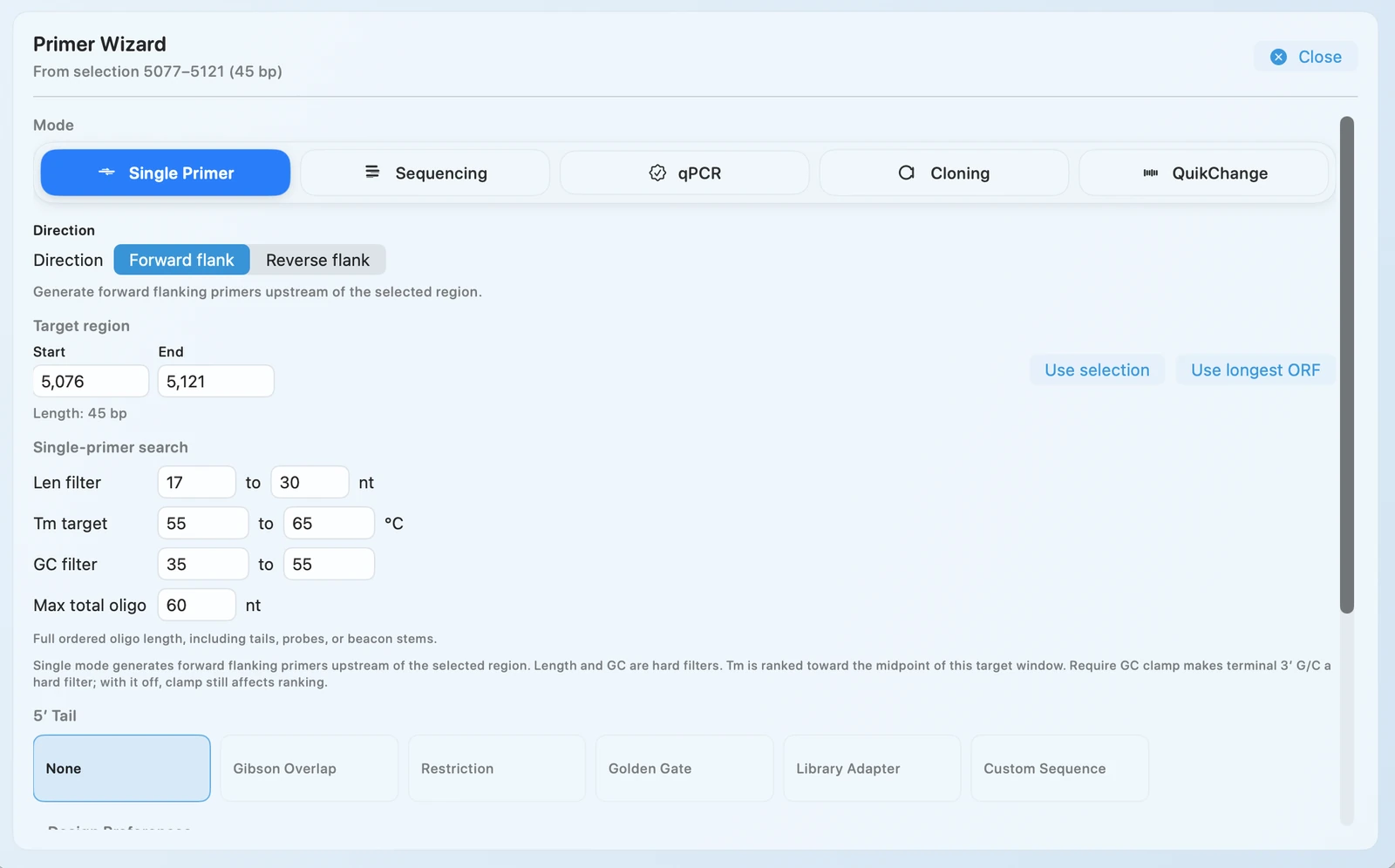 Primer Wizard showing design modes, target region, and single-primer constraints