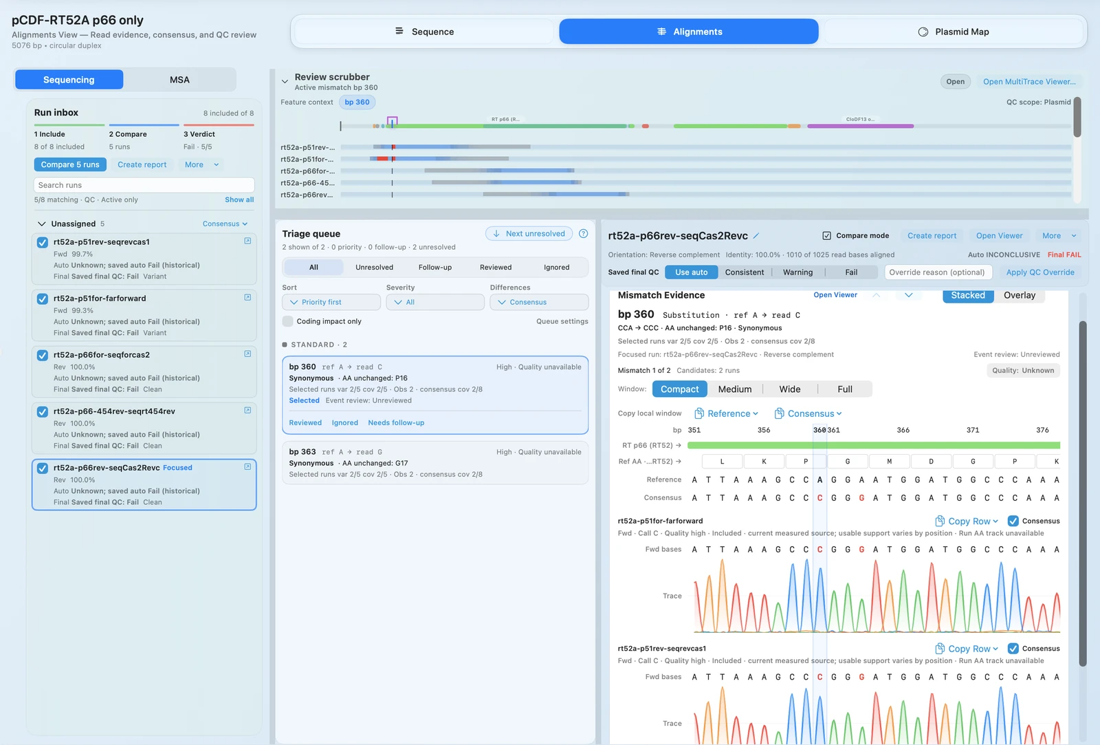 Sequencing review with the run inbox, mismatch triage, and chromatogram evidence