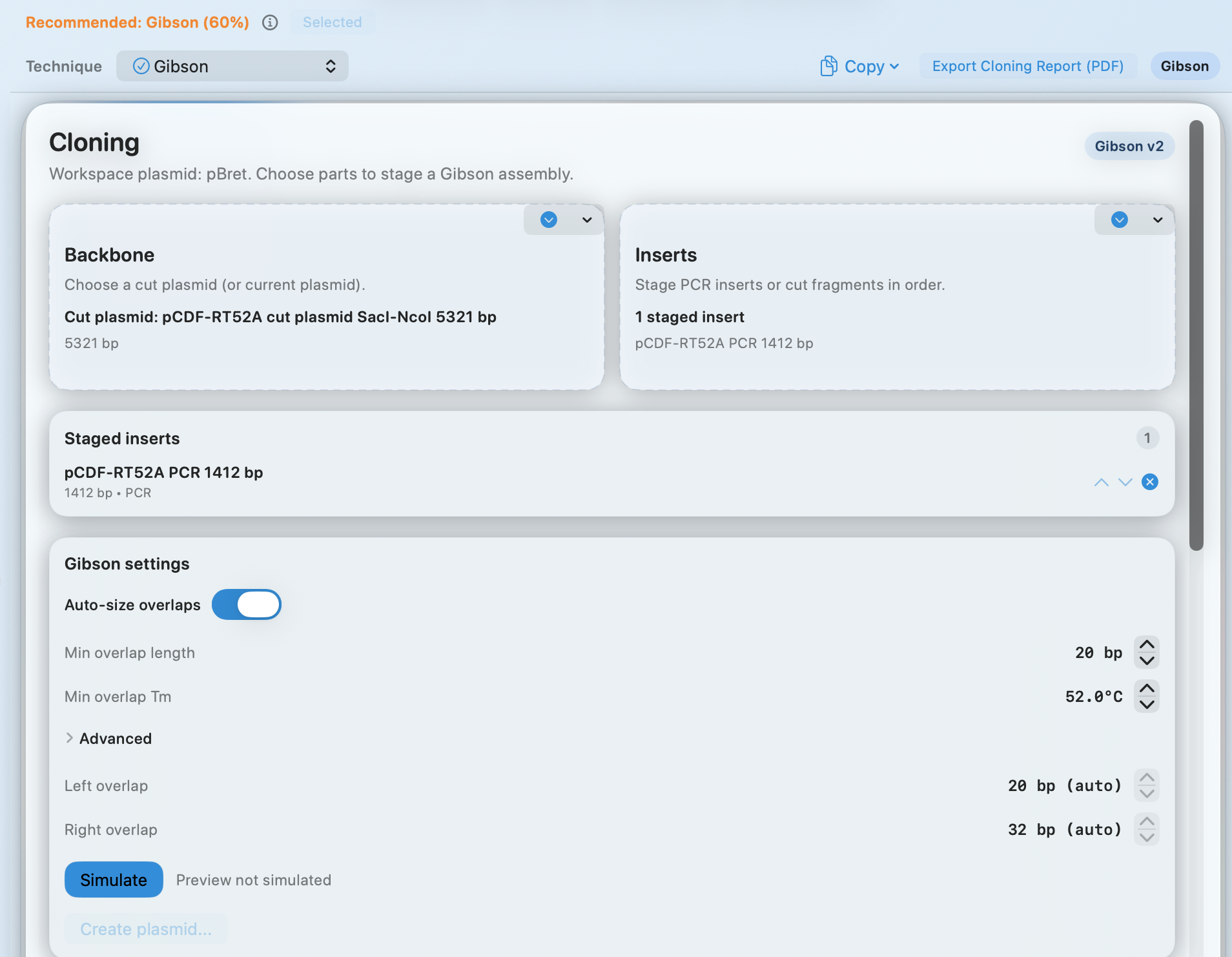 Cloning wizard showing staged inserts, Gibson settings, and simulation controls