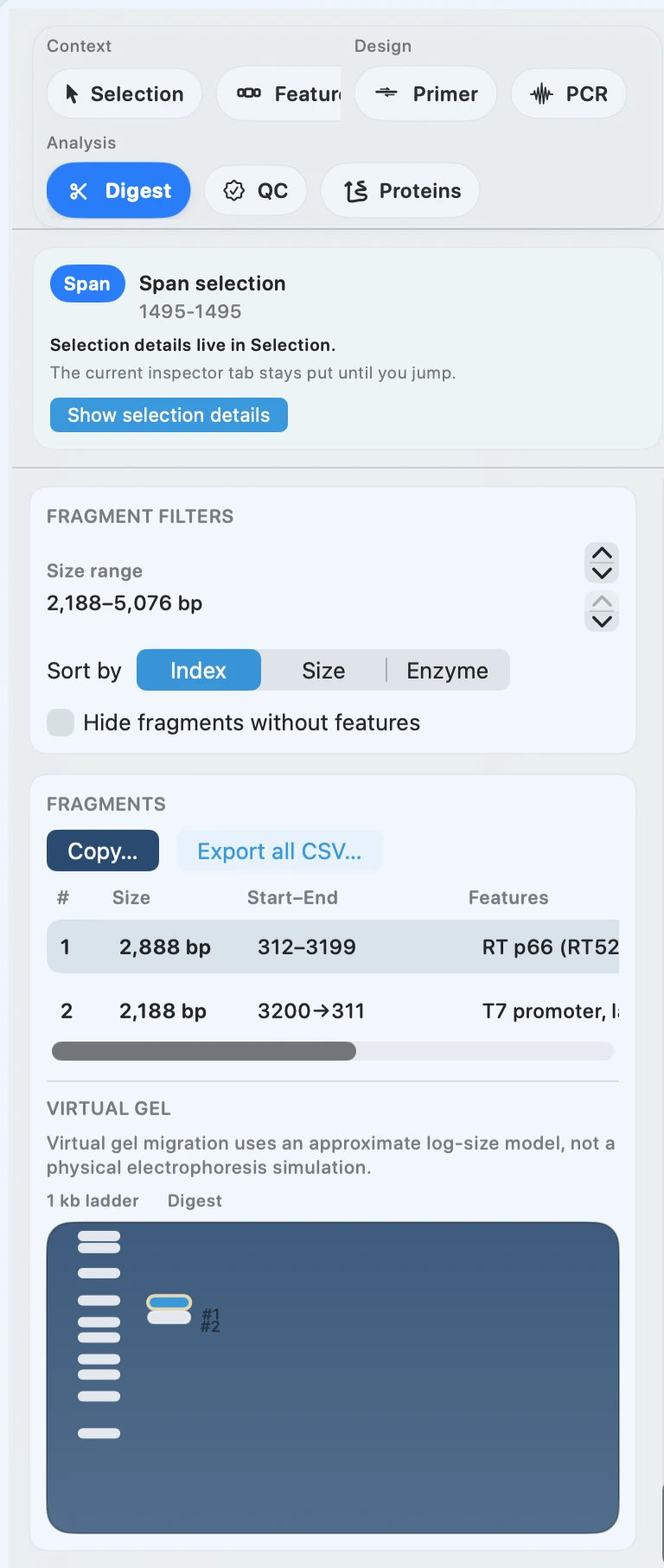 Digest planner with enzyme selection, fragment table, and virtual gel