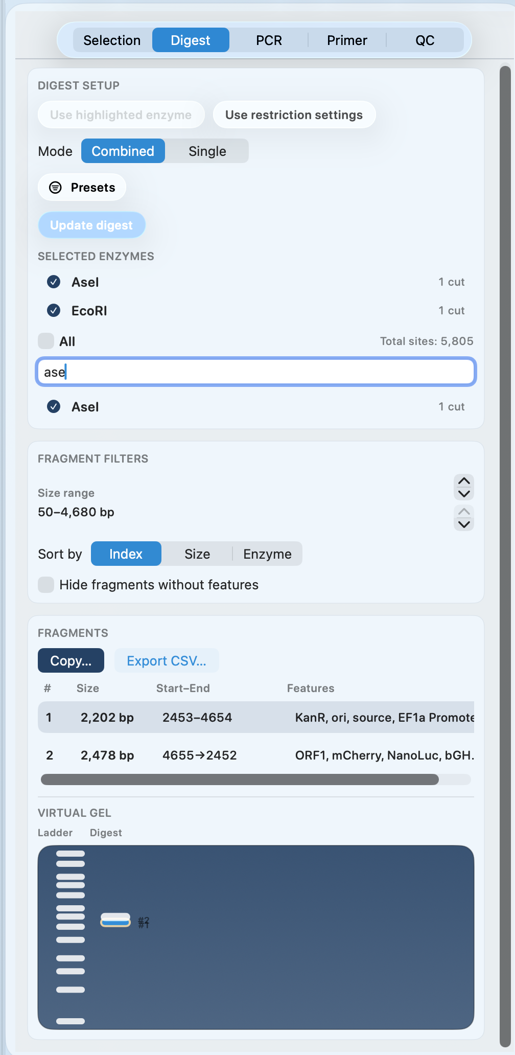 Digest planner showing enzyme selection, fragment list, and virtual gel preview