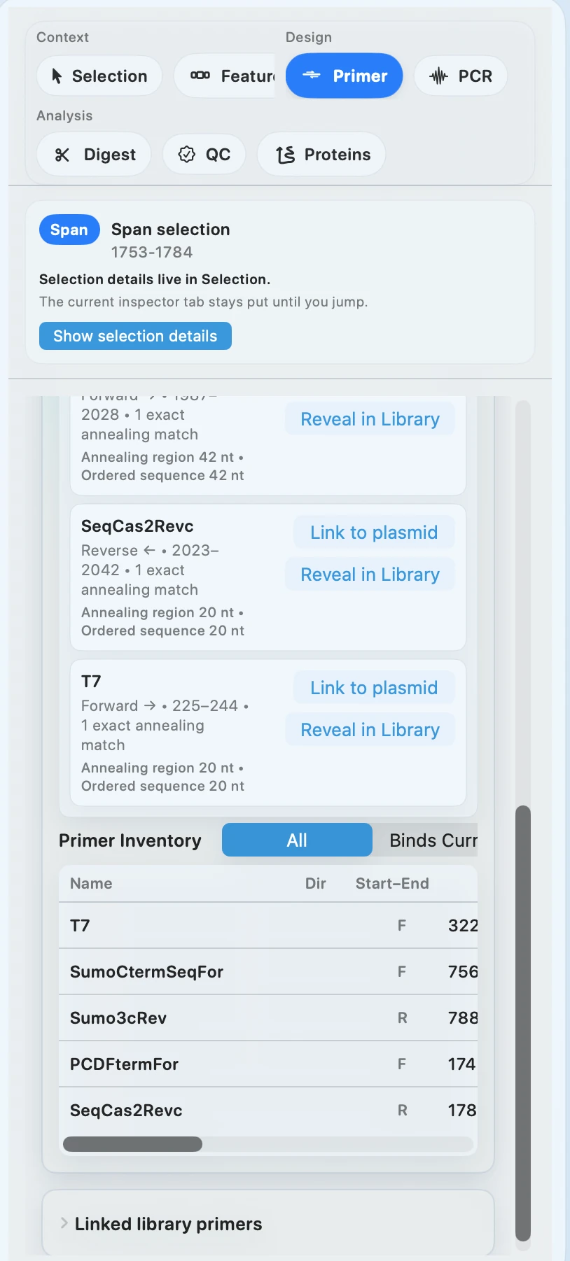 Primer inspector with sequence actions, primer details, and linked library primers
