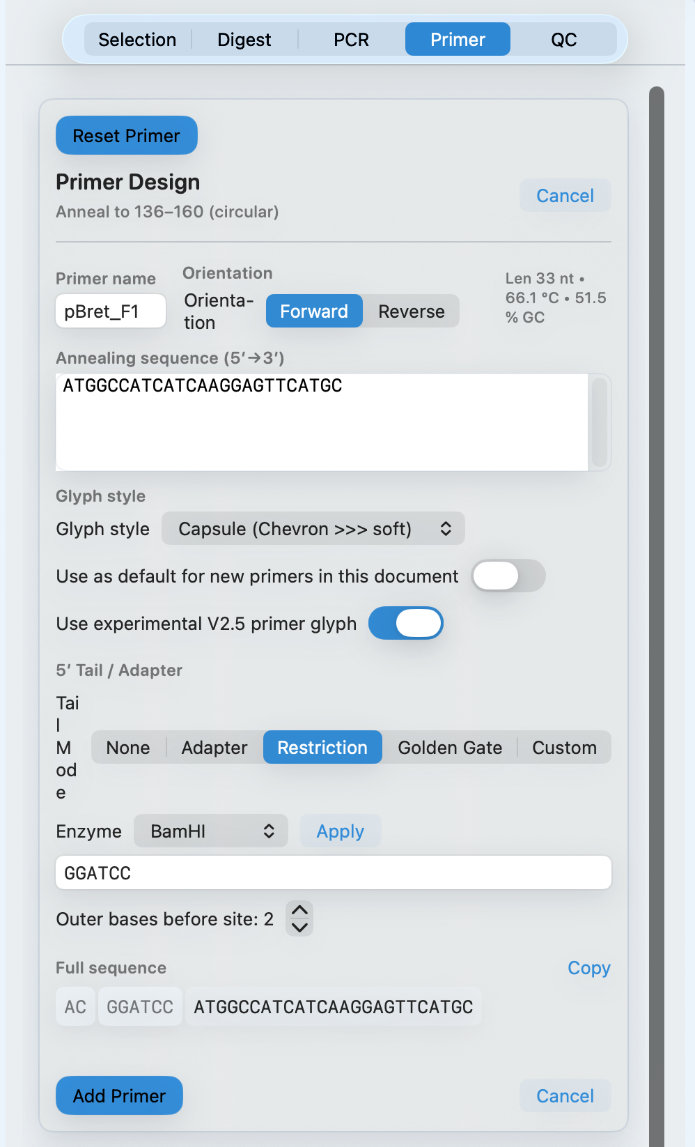 Primer design panel showing a restriction enzyme site added to a primer