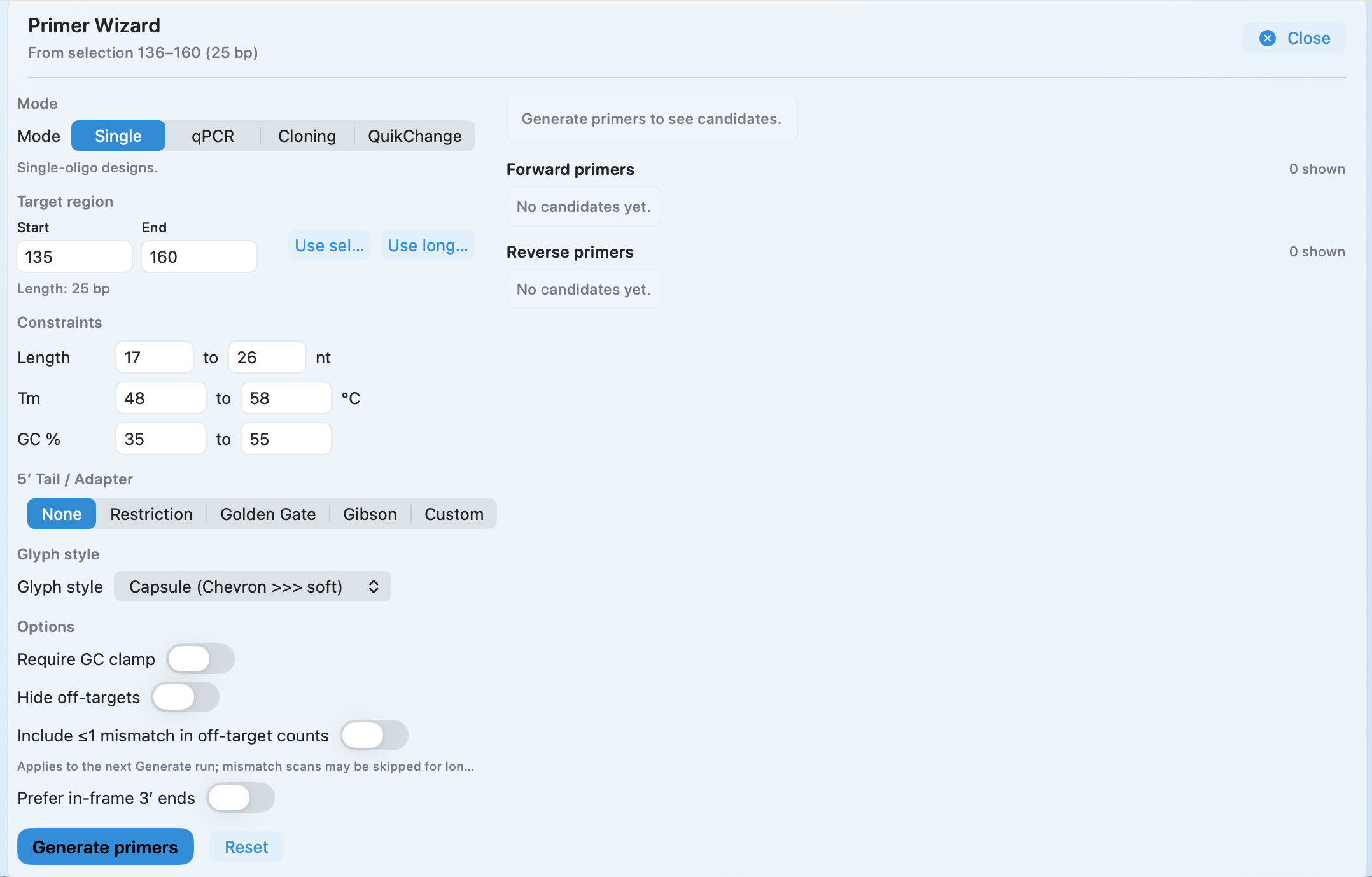 MolBioCove Primer Wizard showing modes and primer constraints