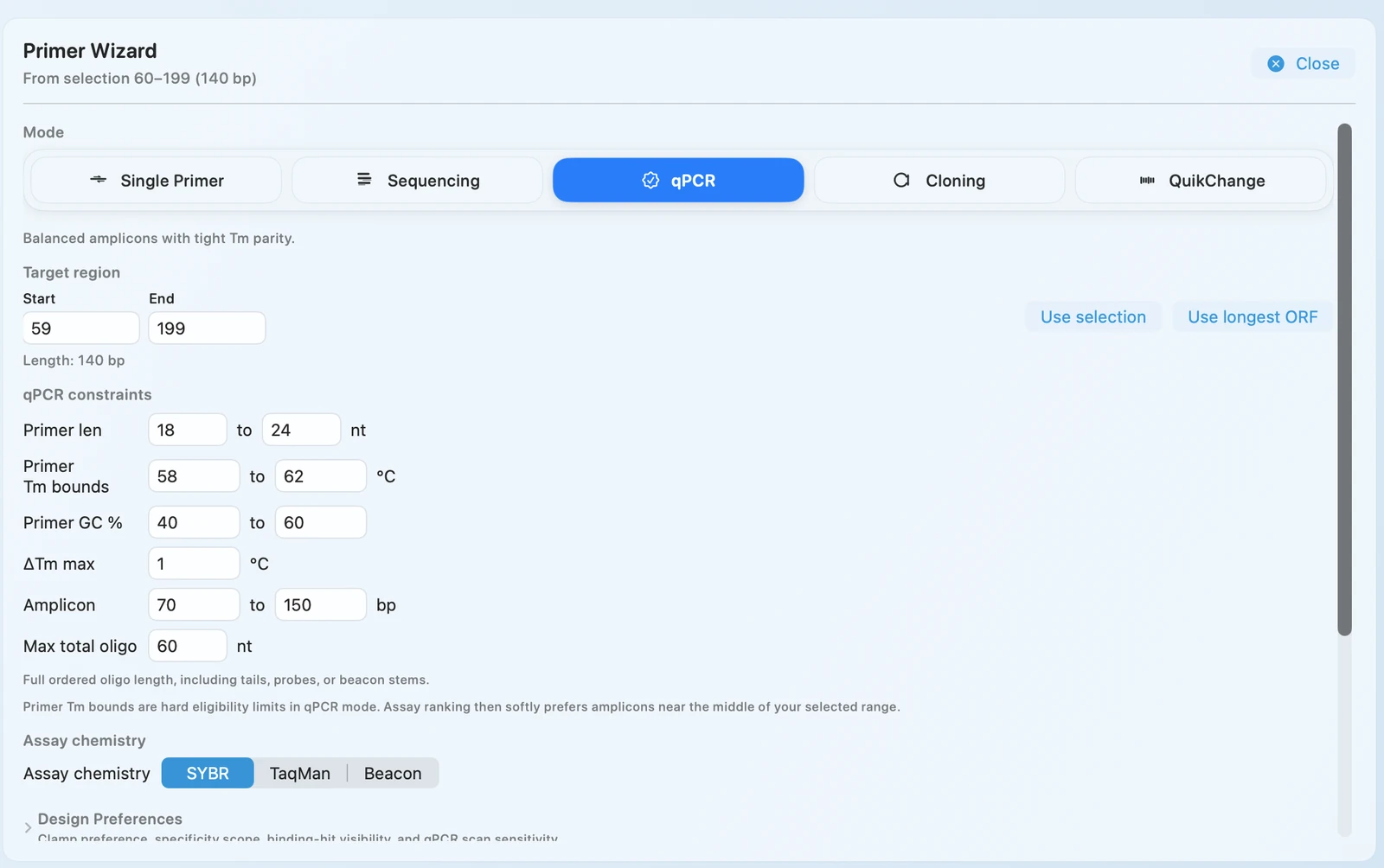 Primer Wizard showing qPCR target region, primer constraints, and assay chemistry