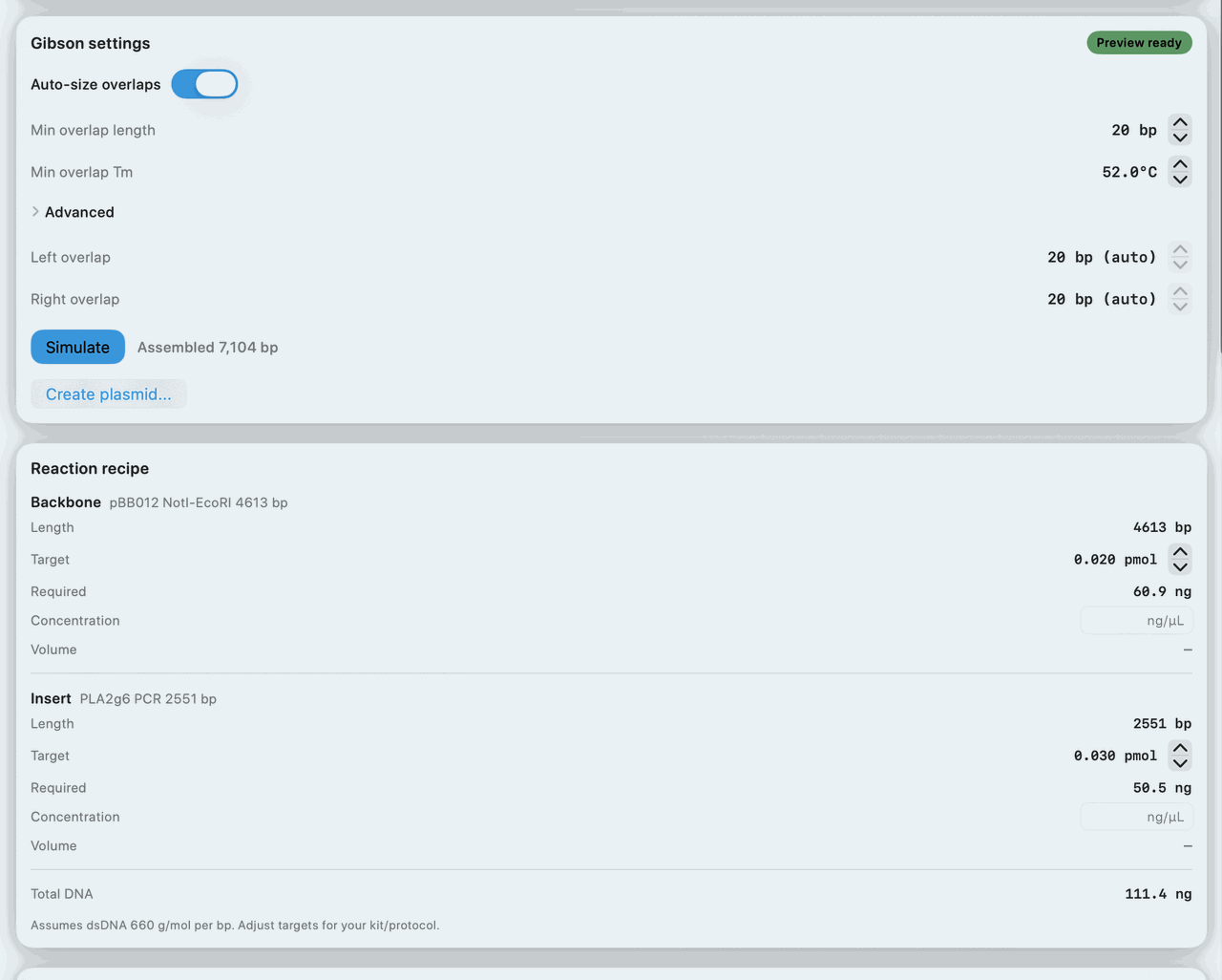 Create plasmid dialog after Gibson simulation