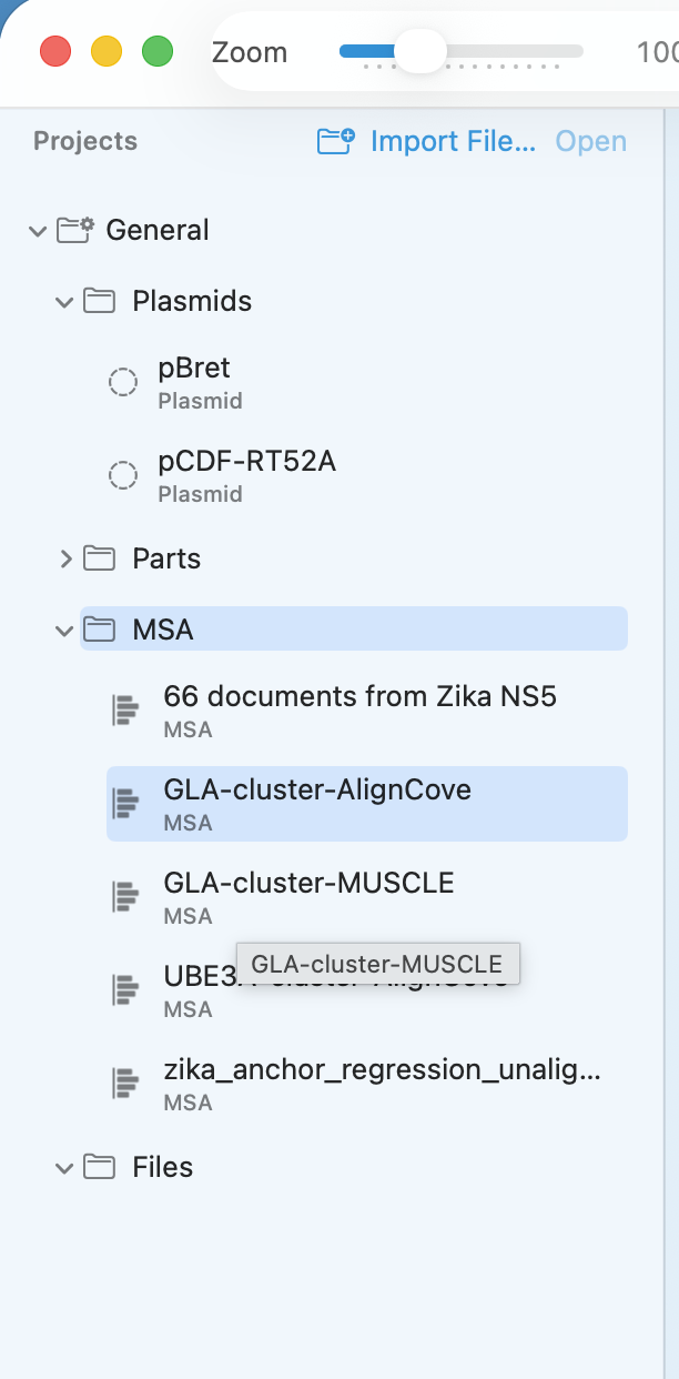 Projects and parts sidebar in the workspace