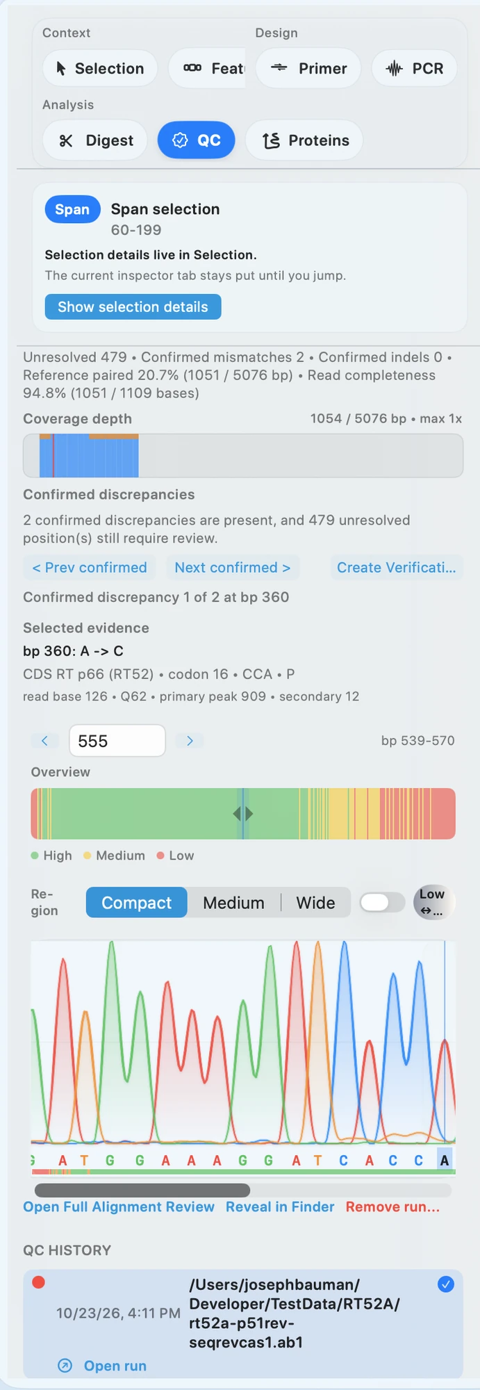 QC inspector showing sequence quality, trace evidence, and QC history