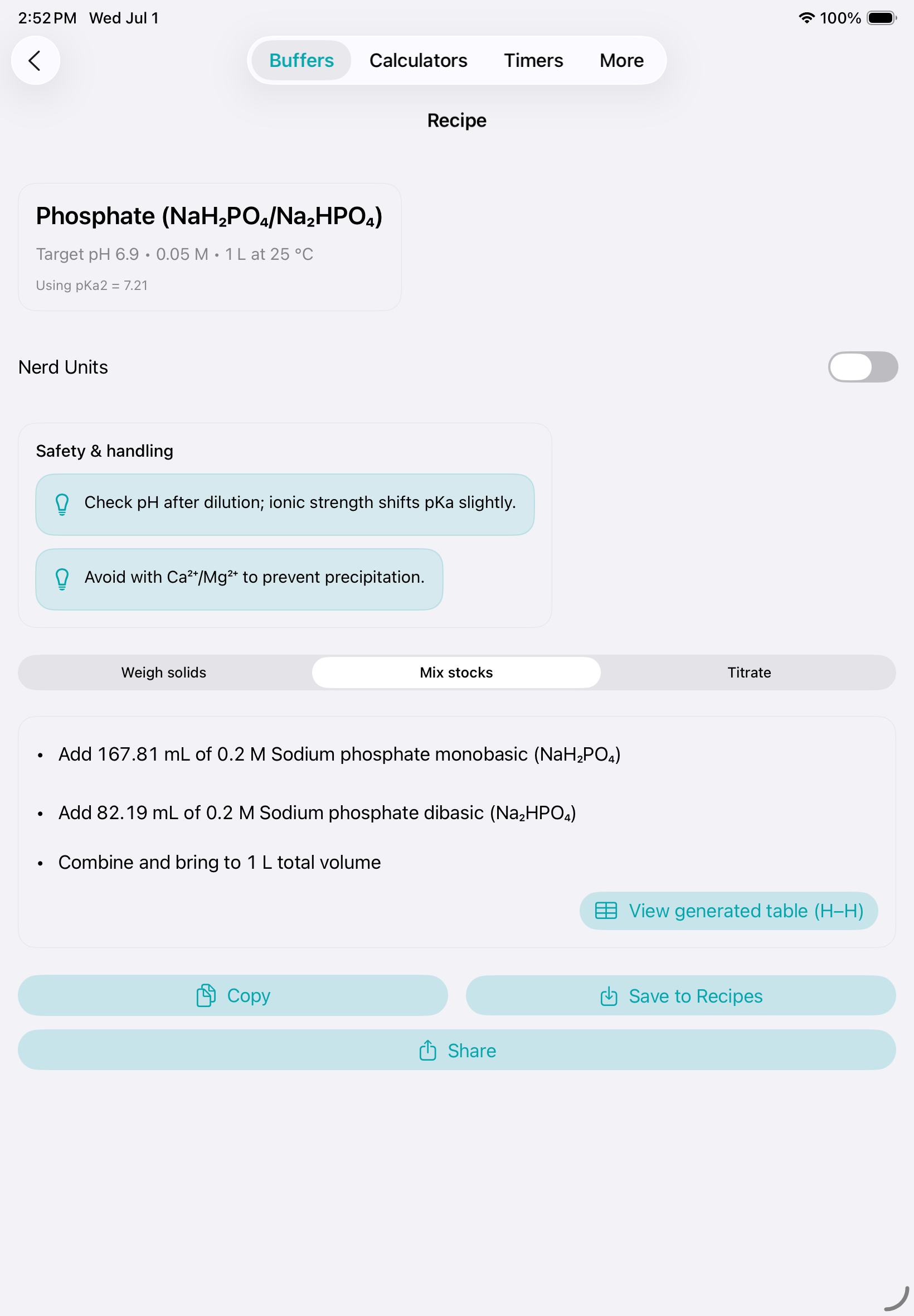 RayCrest Lab Calculator buffer recipe on iPad