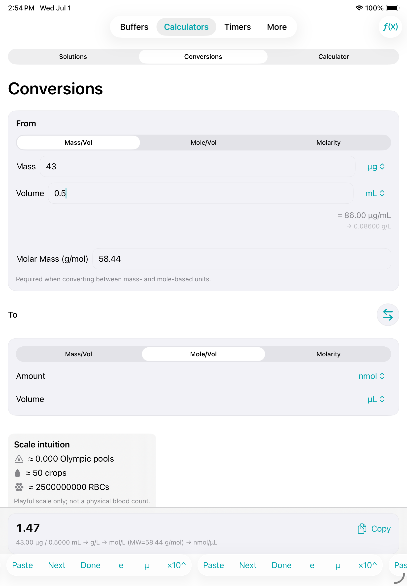 iPad conversion calculator for mass per volume and amount per volume units