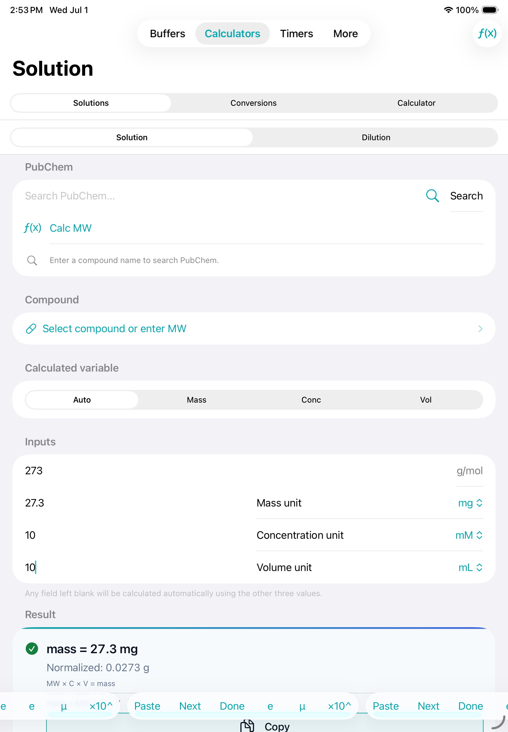 iPad solution calculator with molecular weight, mass, concentration, and volume fields