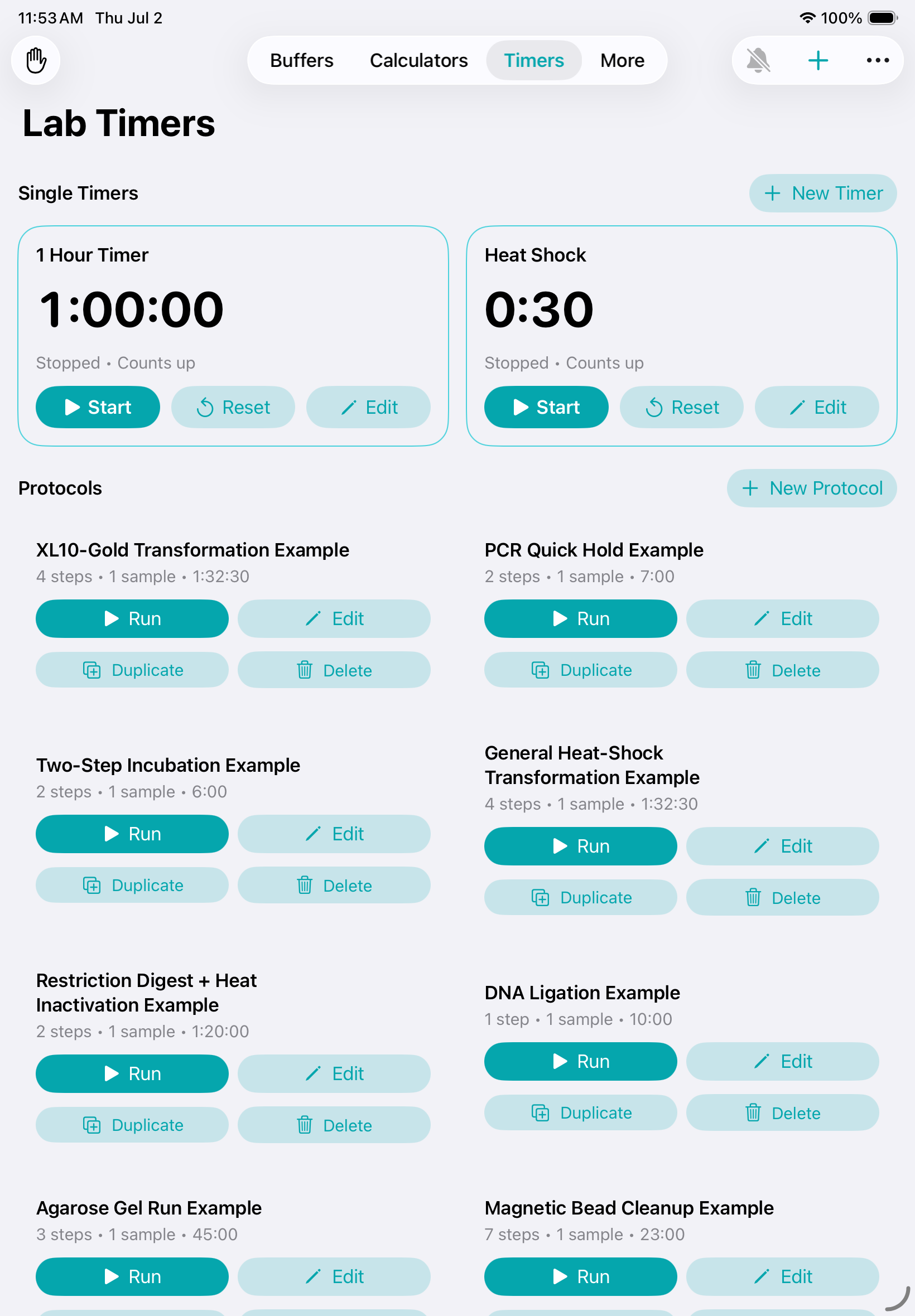 iPad lab timers screen with single timers and protocol examples