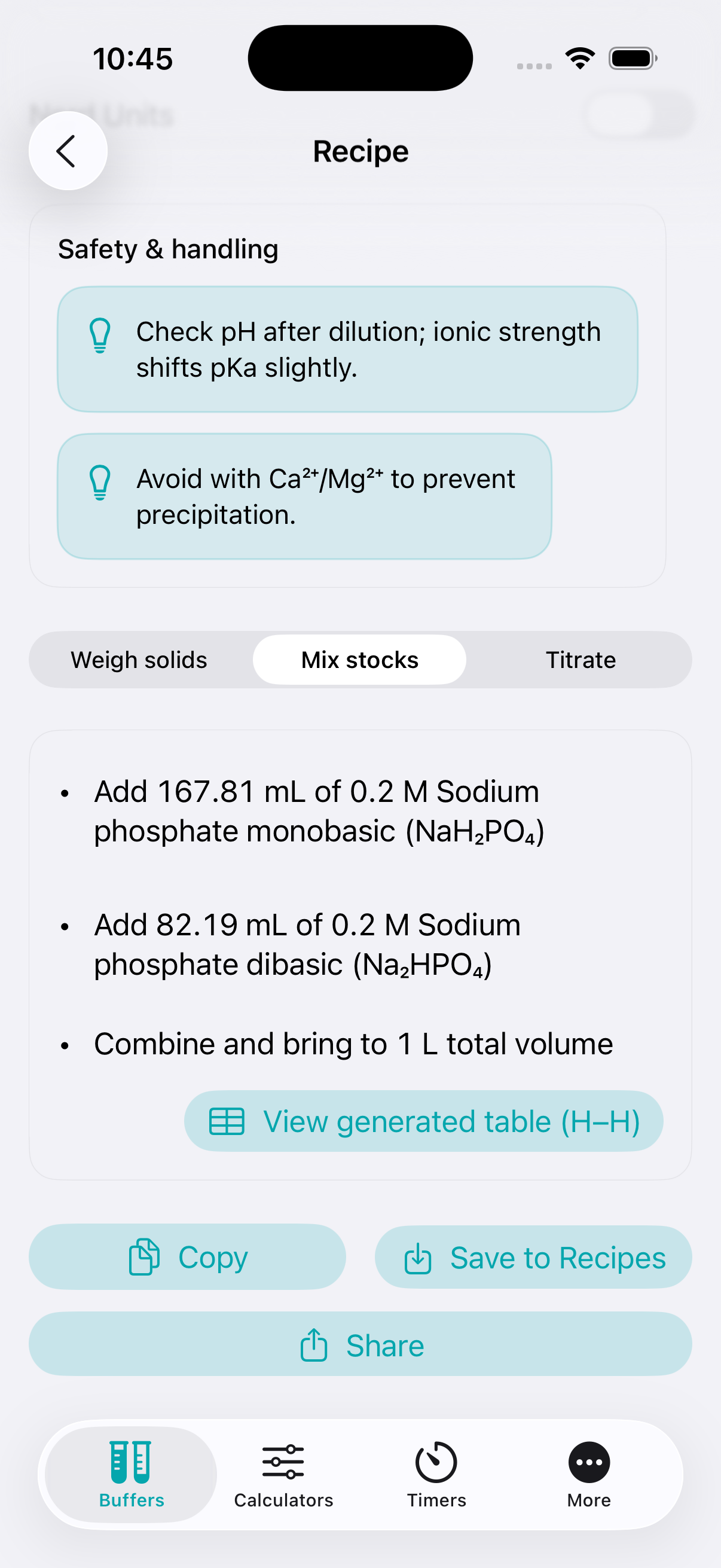 RayCrest Lab Calculator buffer recipe on iPhone