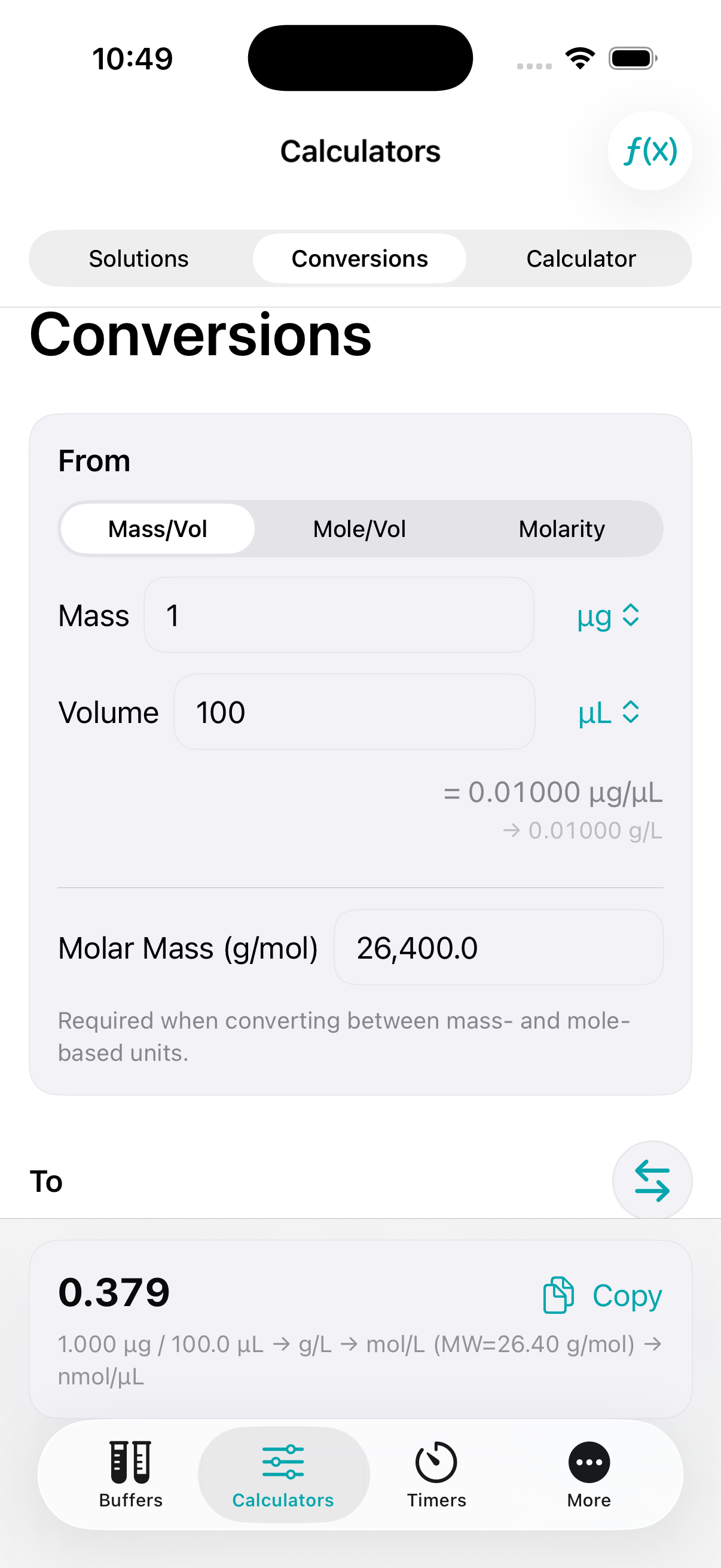 RayCrest Lab Calculator conversions screen on iPhone